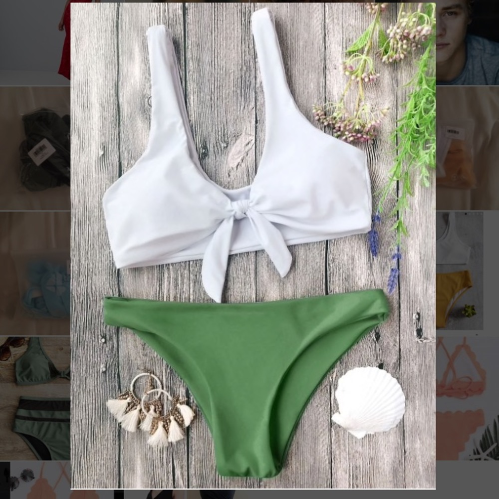 White and Green Padded Knotted Bralette Bikini
